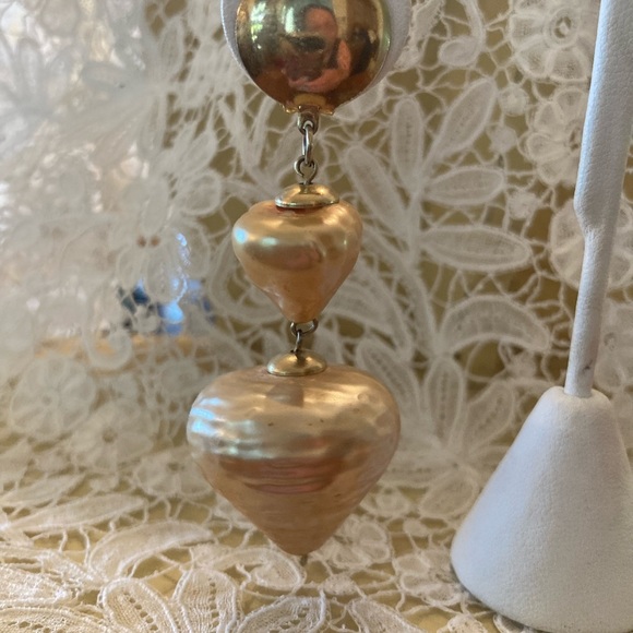 Vintage 1960’s GOLDTONE & Golden Faux Pearls CLIP ON Dangle Earrings 3” ATOMIC - Picture 7 of 11